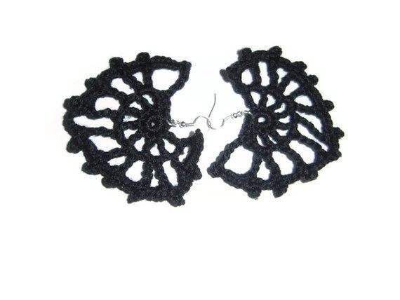 Crochet jewelry, Black Earrings, Spider Web Earrings, Bat, Black Lace, Black Crochet Earrings, OOAK