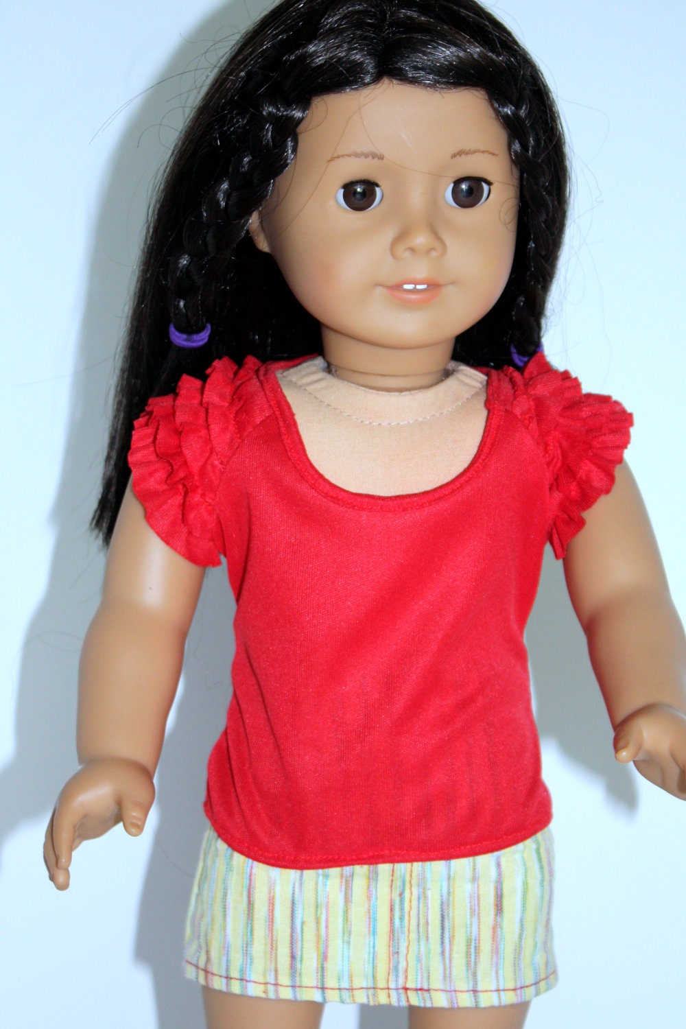 American Girl Doll Red Ruffle Sleeve Knit Top and Yeloow Stripe Mini Skirt Tan Sandals - JessieAmerica