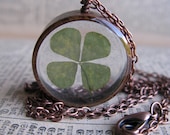 Lucky 4 Leaf Clover Pendant - Real 4 leaf clover encased in resin with clear copper bezel, Pressed Flower Jewelry