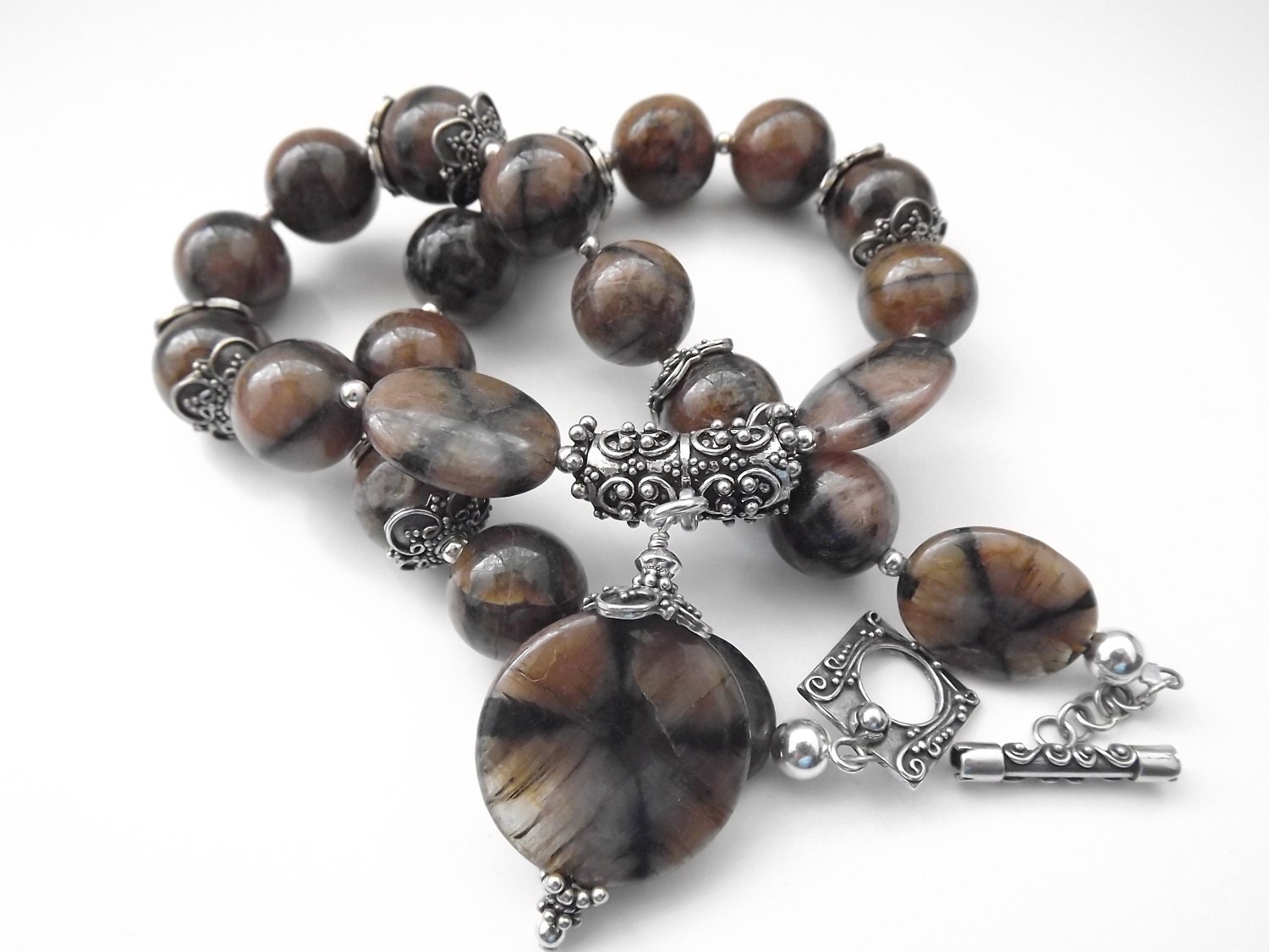 Tribal necklace statement necklace bohemian necklace with brown andalusite and Bali sterling silver necklace and earring set