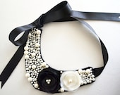 handmade collar necklace peter pan collar necklace designed with black ivory organza flowers ribbon ivory glass pearl