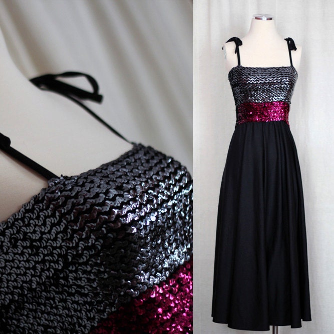 Vintage 1970s Black Roller Disco Tube Dress - Tie Straps - Silver and Pink Sequins -  Size Medium