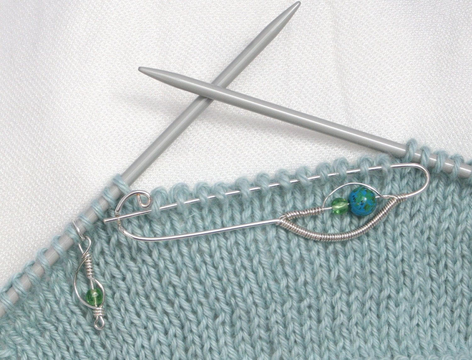 Everyday Peacocks Sterling Silver Knitting Tool Set-- The Modern Set: Beaded Wire Wrapped Stitch Holder and Markers