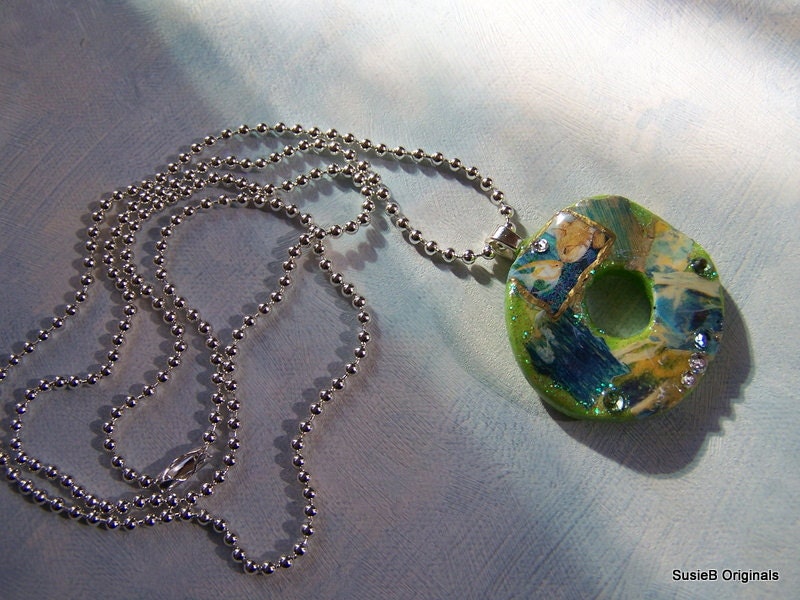 Pendant  Necklace Cat Wood Washer Decoupage Embellished Tender Shoots Green OOAK