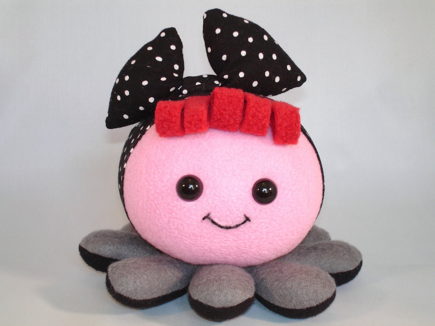 octopus plush toy rockabilly black polka dot bow in pink and grey fleece