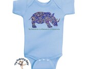 Infant, Baby, Toddler Blue 100% Cotton Bodysuit with Fanciful Rhinoceros Illustration Features the Animal Name in English, French & Spanish