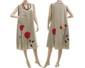 Linen sleeveless dress flared hem / lagenlook for plus size women, large L / dark nature with roses