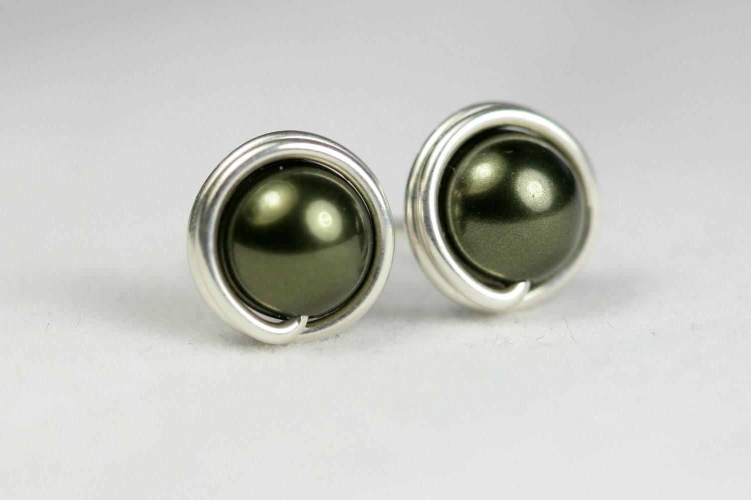 Dark Green Stud Earrings Wire Wrapped Jewelry Handmade Sterling Silver Jewelry Handmade Swarovski Pearl Earrings Olive Green Earrings