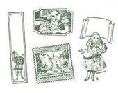 Alice in Wonderland No. 1 RUBBER STAMP SET  Vintage Antique Style 4 Piece Wood and Rubber Stamp Set