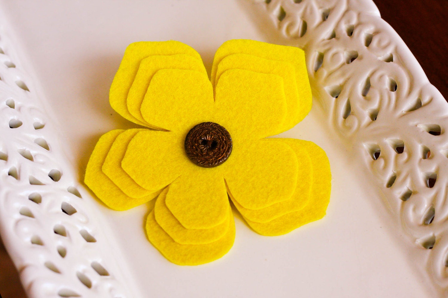 Yellow Felt Brooch with Vintage Button