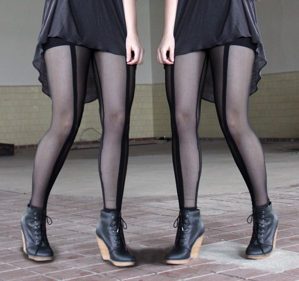 Mesh leggings - sheer night black with solid stripe insert grunge style punk goth - large