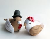 Coral and Tan Love Bird Wedding Cake Topper - With Top Hat and Veil - Custom Colors - CherryRedToppers