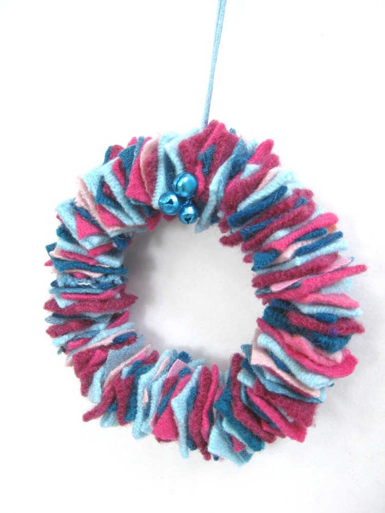 Scrap wool wreath Eco friendly home decor Turquoise and pink Upcycled sweaters Recycled textured decoration