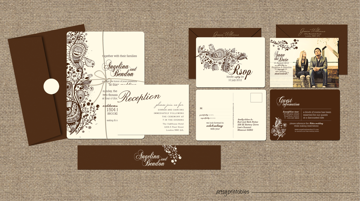 VINTAGE RUSTIC WEDDING Invitations - Garden Floral Birds - Custom Printable Designs - Autumn Floral - Brown Cream