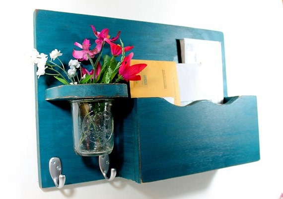 Mail organizer, floral vase, key hooks, mail holder, vintage, sconce, wood, distressed, shabby chic, home decor,painted Gypsy Teal