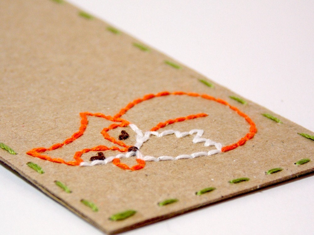 Sleeping Fox Bookmark Hand Embroidered Kraft Paper Books Orange White