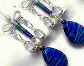 Earrings womens jewelry dragonfly ultra-long  blue green lamp glass dramatic dangle gardeners nature TAGT tenX