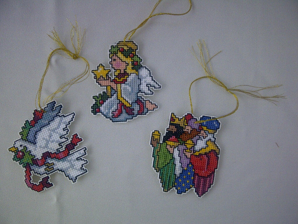 Set of 3 Hand Crafted Cross Stitch Nativity (angel, magi and dove) Christmas Ornaments