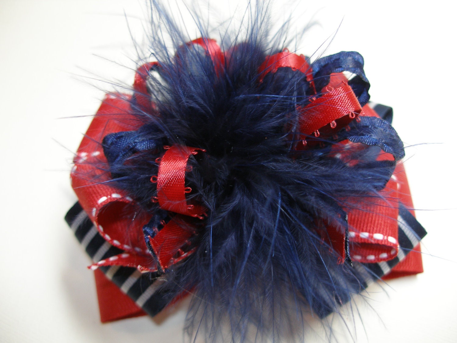 Over the TOP Hair Bow Patriotic Red Navy Princess Marabou Boutique School Uniform Toddler to Big Girl Handmade