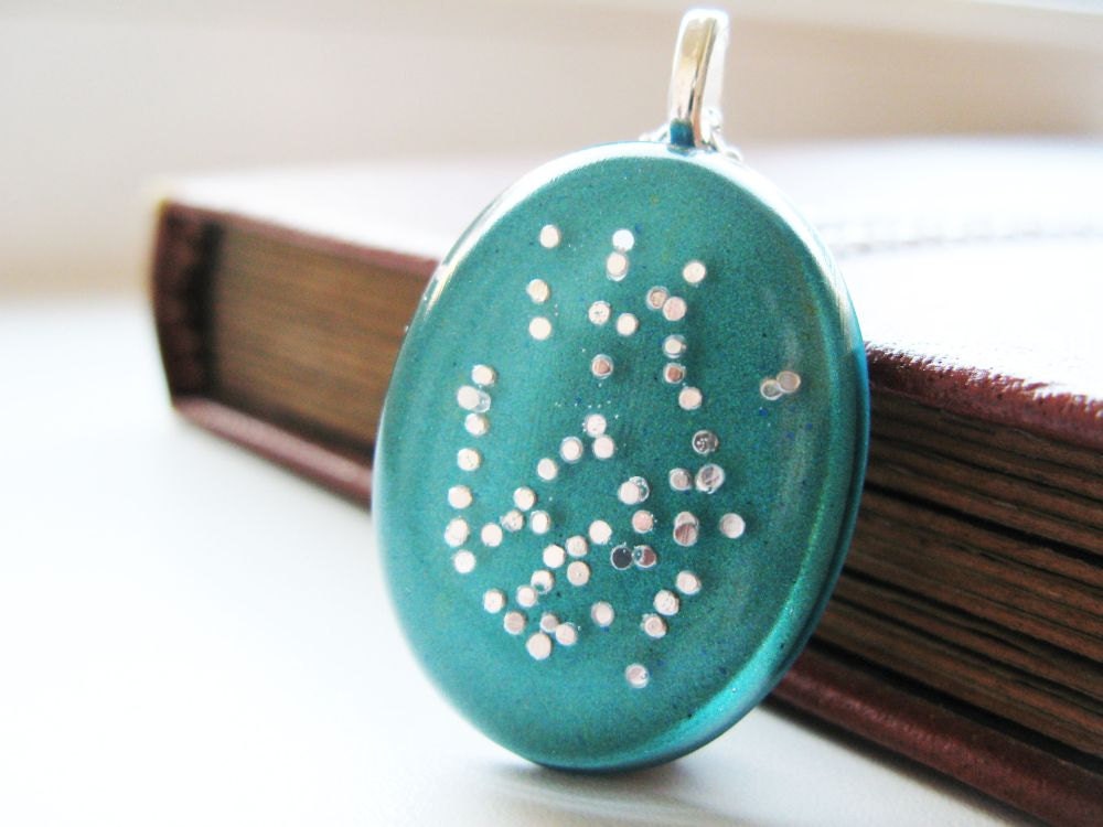 SALE- Peacock Green and Silver Dots Resin Necklace Resin Jewelry