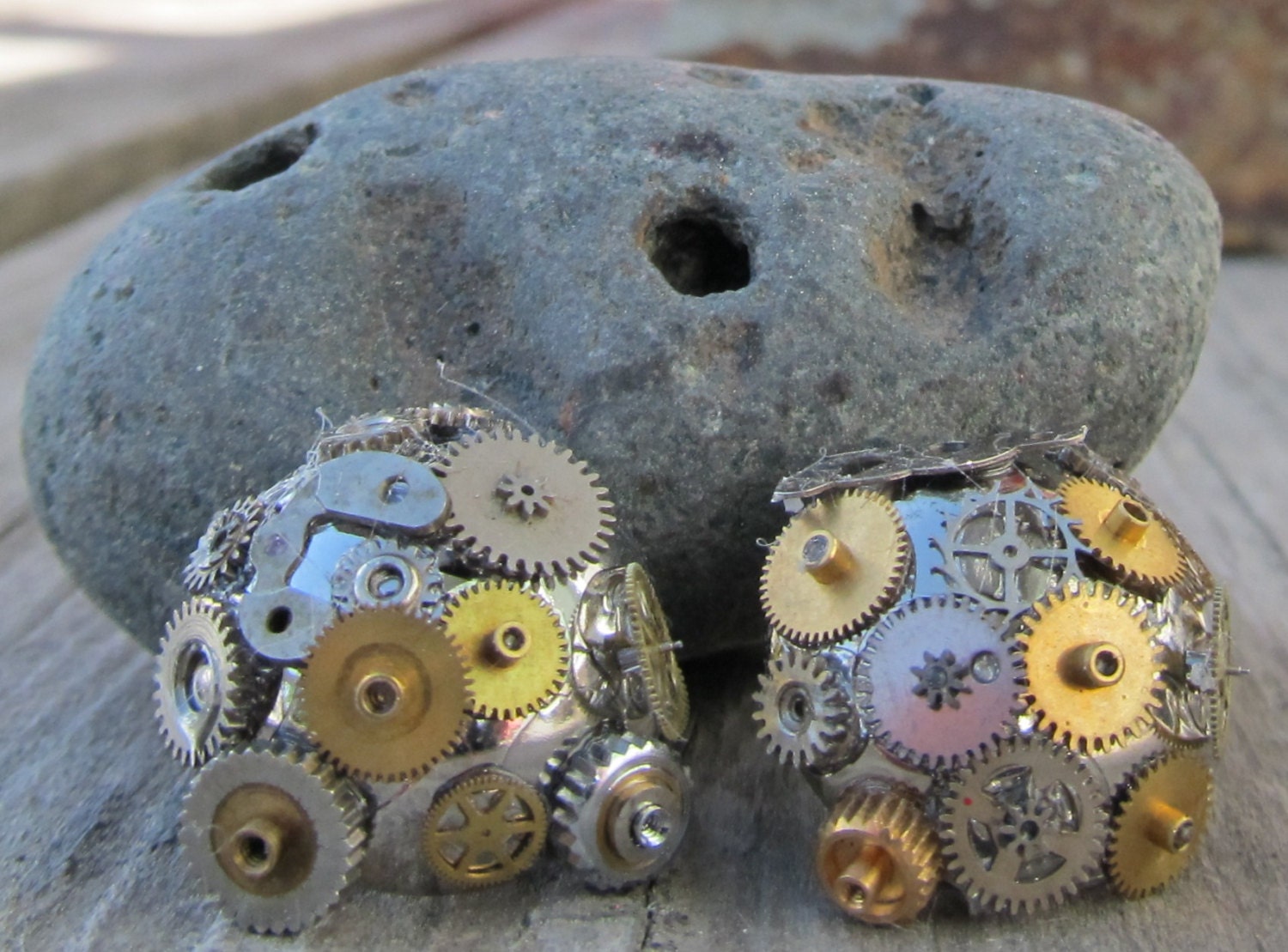 Steampunk earrings - post earrings - gear earrings - silver and gold earrings - pierced earrings
