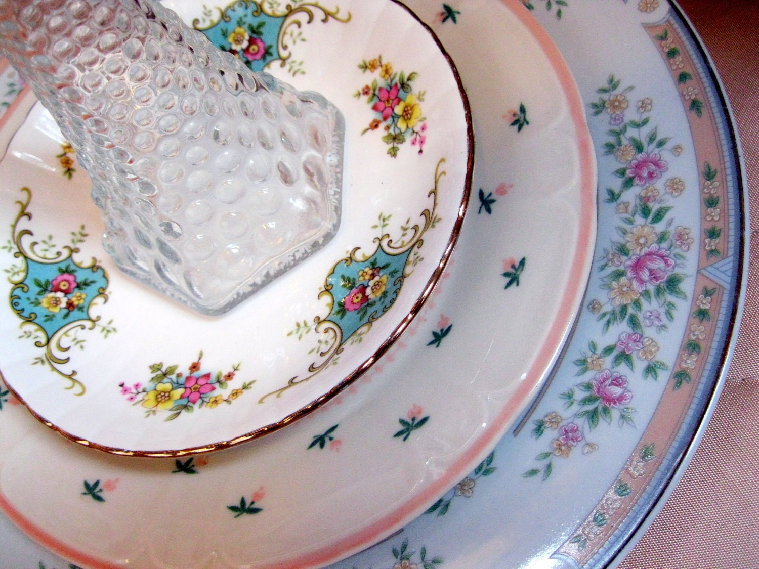 Mixed China Dishes: 3 piece dinnerware place setting or centerpiece set 49 Vintage