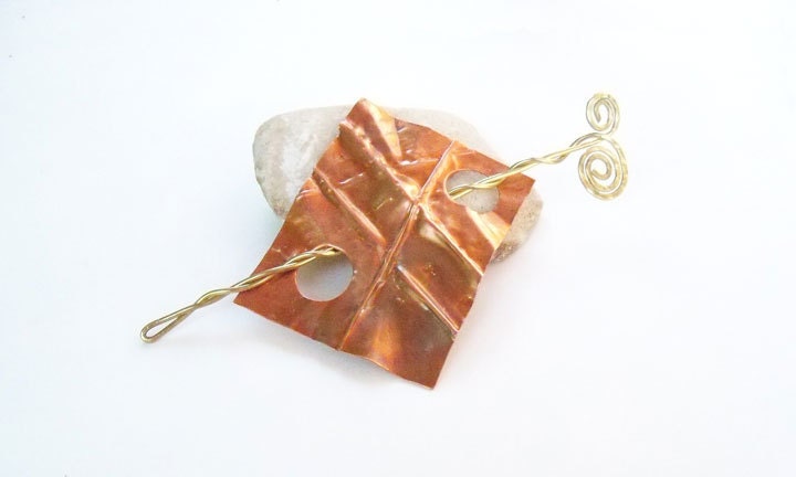 Copper shawl pin or hair pic fold formed and heat treated