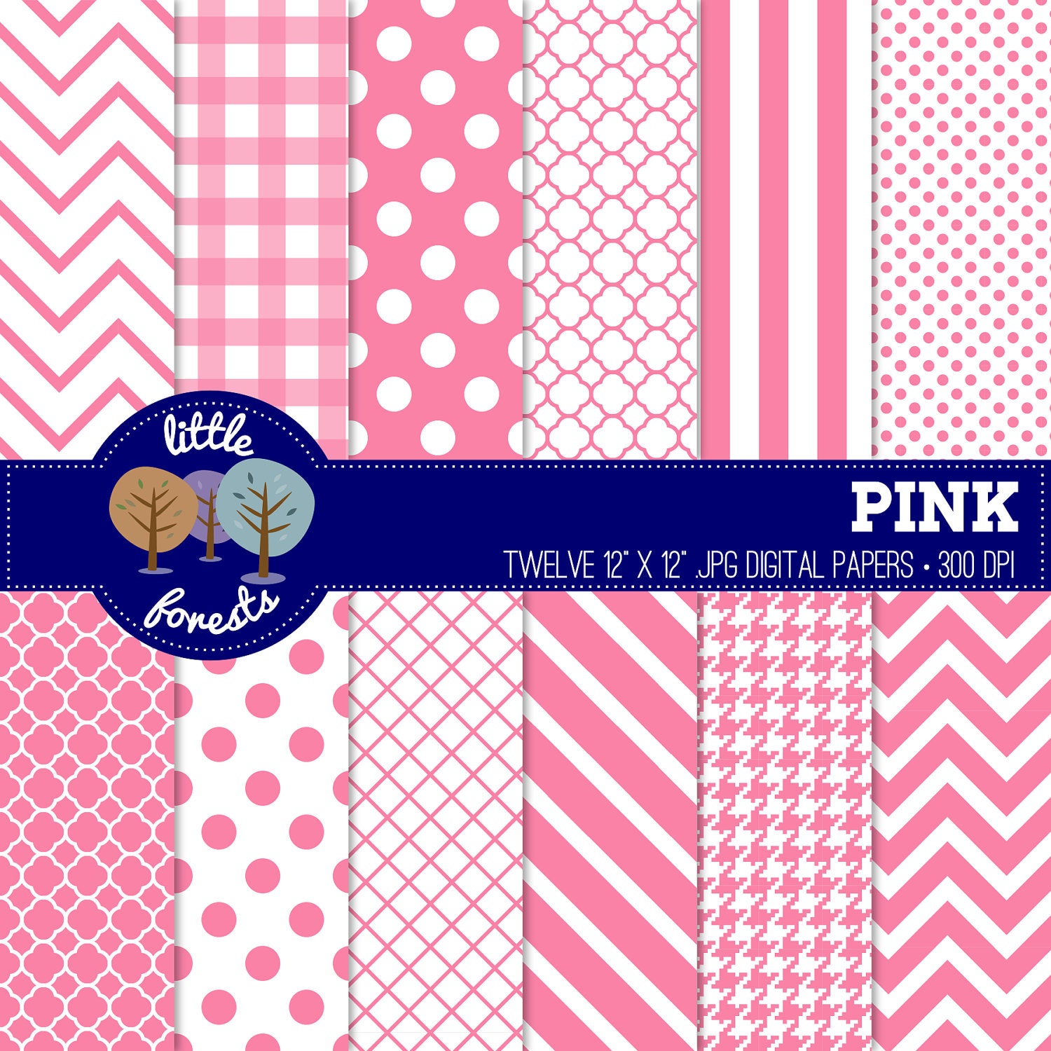 Pink Digital Paper Pack - 12 x 12 - chevron, stripes, dots, quatrefoil - BUY 2 GET 1 FREE