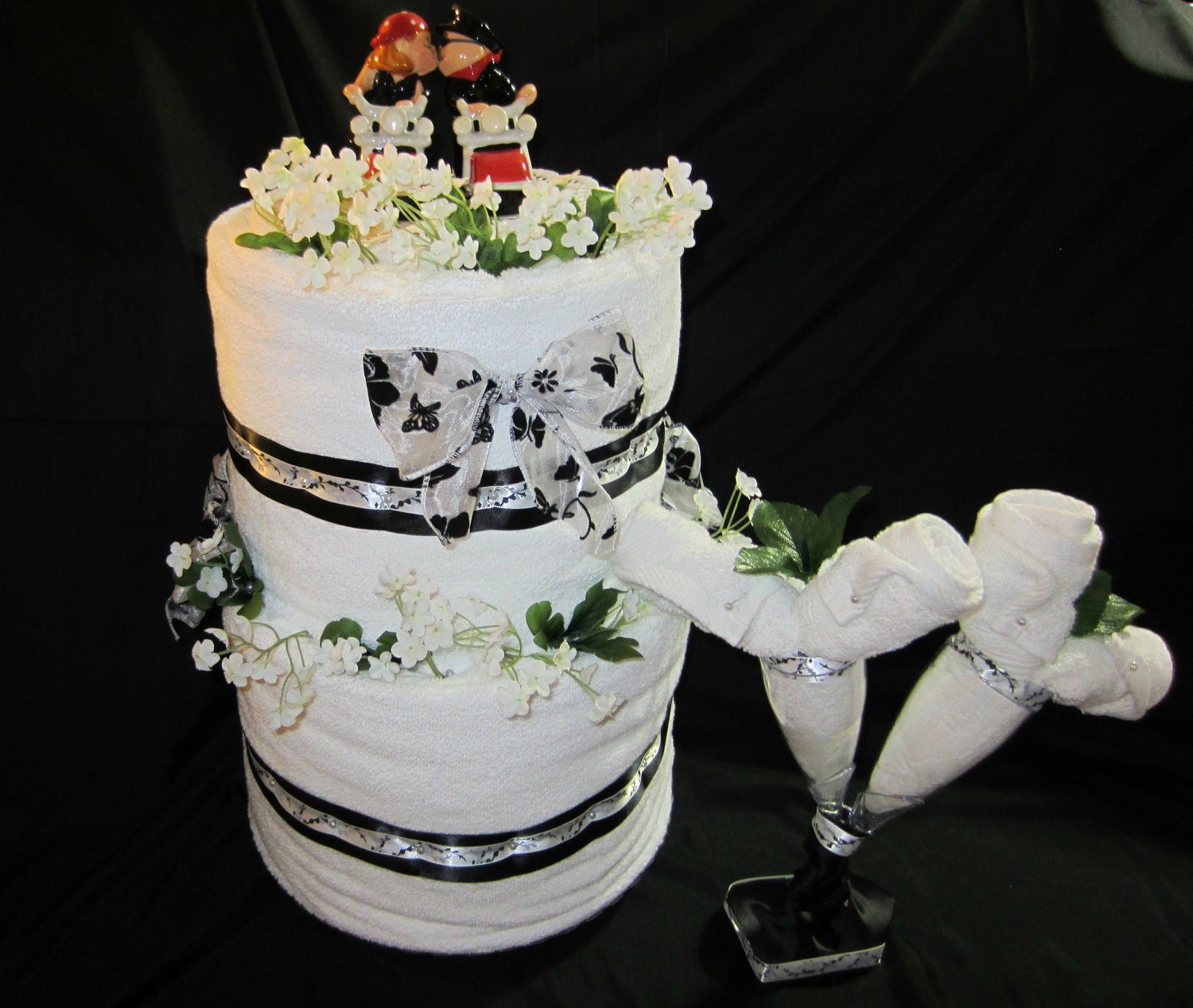 Wedding Towel Cake, Black and White with Biker Salt and Pepper Shakers on SALE