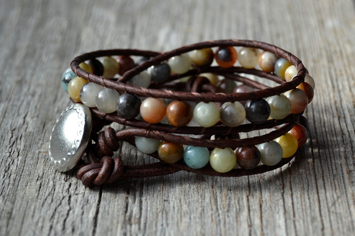 Multi colored beaded leather wrap bracelet. Double wrap earthy bracelet. Gorgeous flower amazonite beads on brown leather
