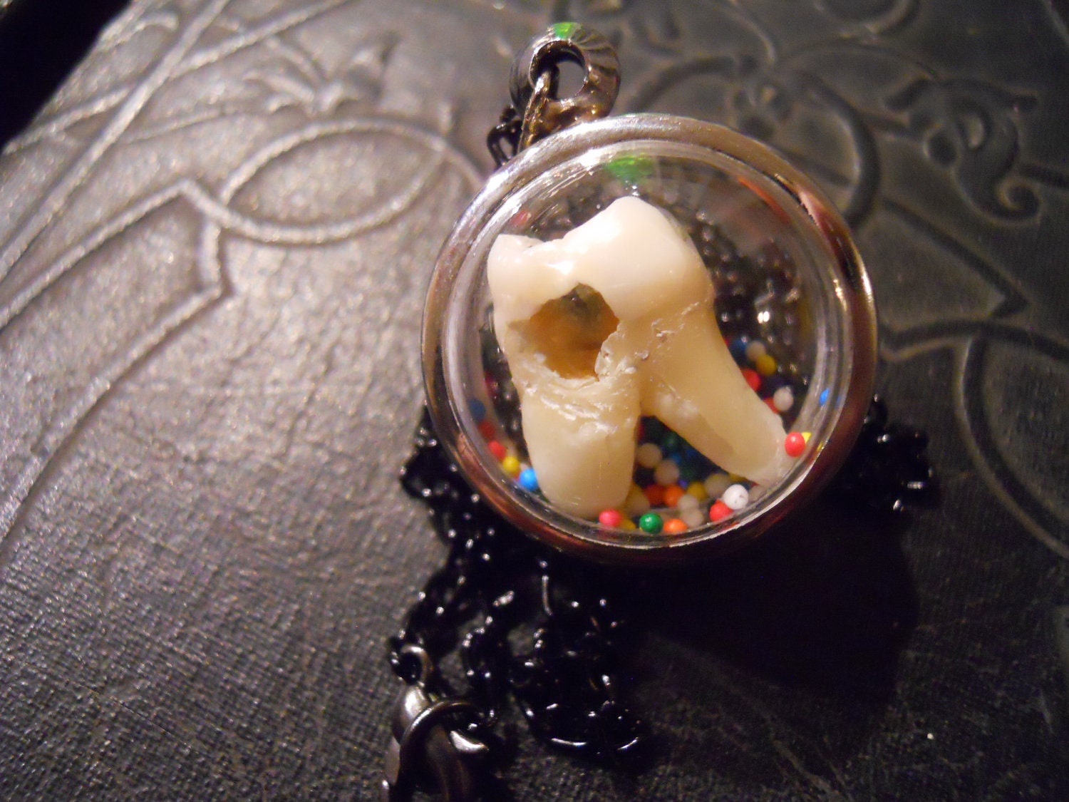 Sweet Tooth Real Human Tooth with Cavity in Candy Sprinkle Necklace Bubble
