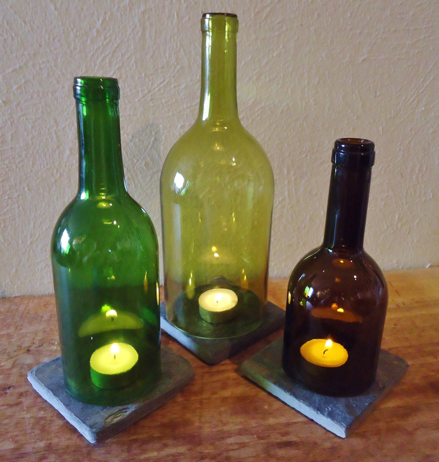 Tea Light Candle Holders Hurricane Lamps Lanterns Centerpiece made from Upcycled Wine Bottles Large Quantities Available