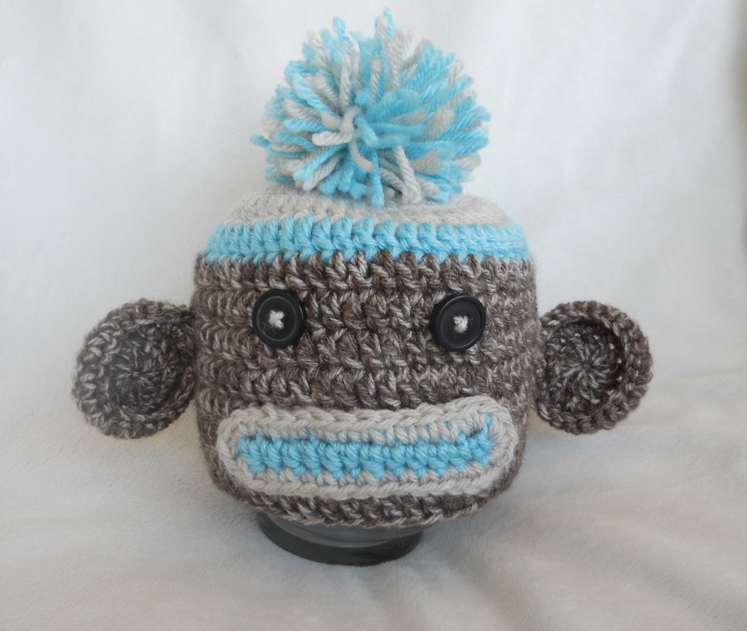Crochet Sock Monkey Hat & Diaper Cover Set Handmade Blue Photo Prop