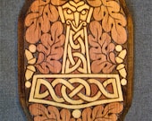 Eagle-Headed Thor's Hammer / Mjollnir with Oak Leaves wood plaque