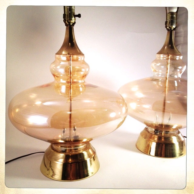vintage blown glass lamp pair Czechoslovakia Honey Iridescent Brass detailing Large Hollywood Regency