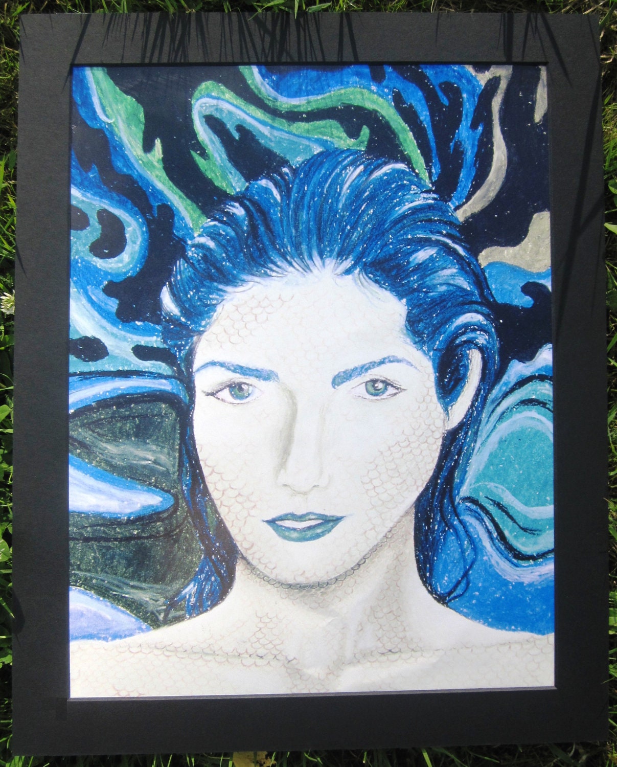 13" x 17" Print of Blue/Green Surreal, mermaid-like, Female Portrait and Scales (oil pastels) with 16" x 20" Black Cardboard Matting