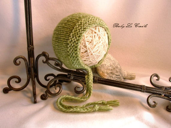 Knitted Baby Bonnet, Apple Green, Newborn, Photo prop, RTS