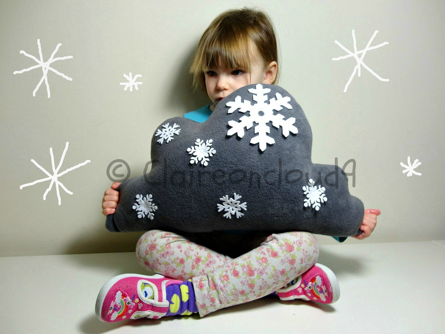 SNOWFLAKES CLOUD PILLOW Cushion - Christmas Cloud - Elephant grey coloured lovely soft fleece - with Bright White Snowflakes Attached