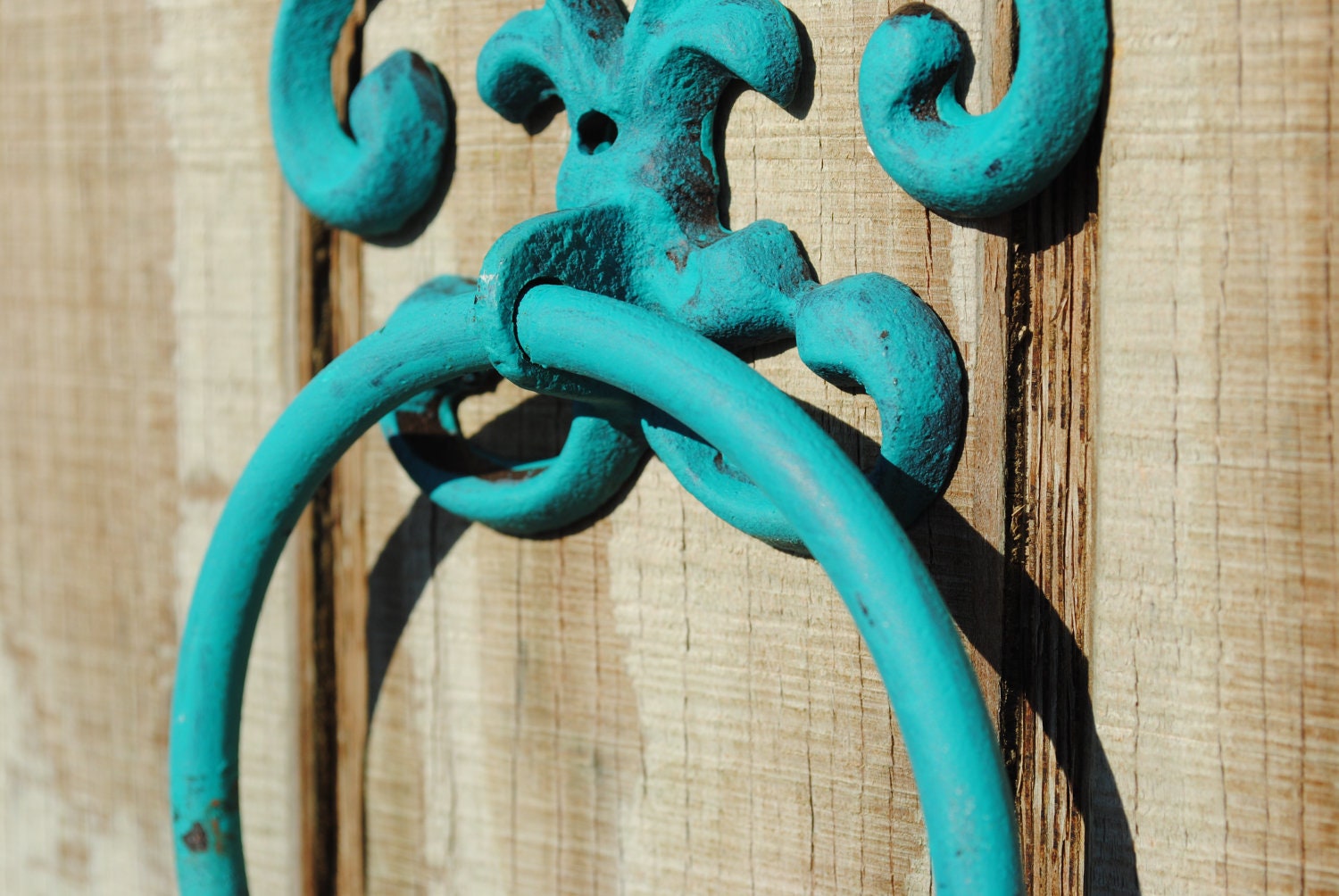 Hand Towel Ring - Fleur de lis Holder - Pale Yellow Distressed Cast Iron - Bathroom Metal Fixture - Accessory Rack - Shabby Chic