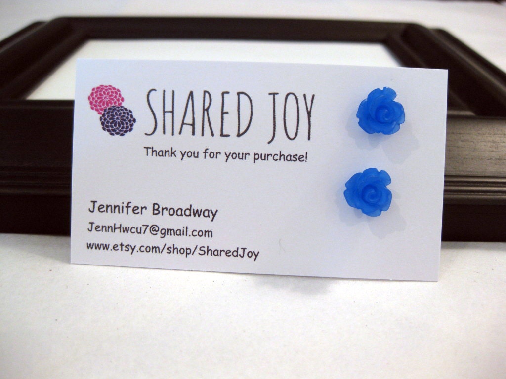 Resin Flower Cabochon Earrings - 10mm Rose - Frosted Royal Blue-Made to Order