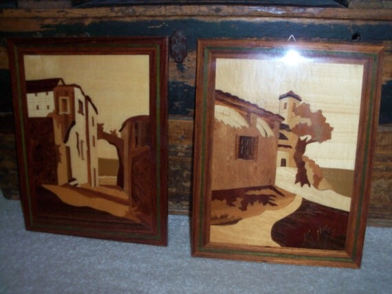 Two Vintage Italian Handcrafted Wood Inlay Wall Art by WinterFinds