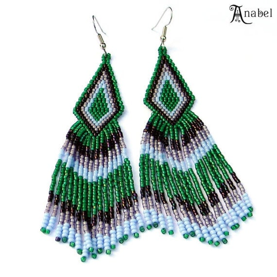 Long Tribal / Boho Seed Bead Earrings in green and violet  tones - peyote earrings, beaded jewelry