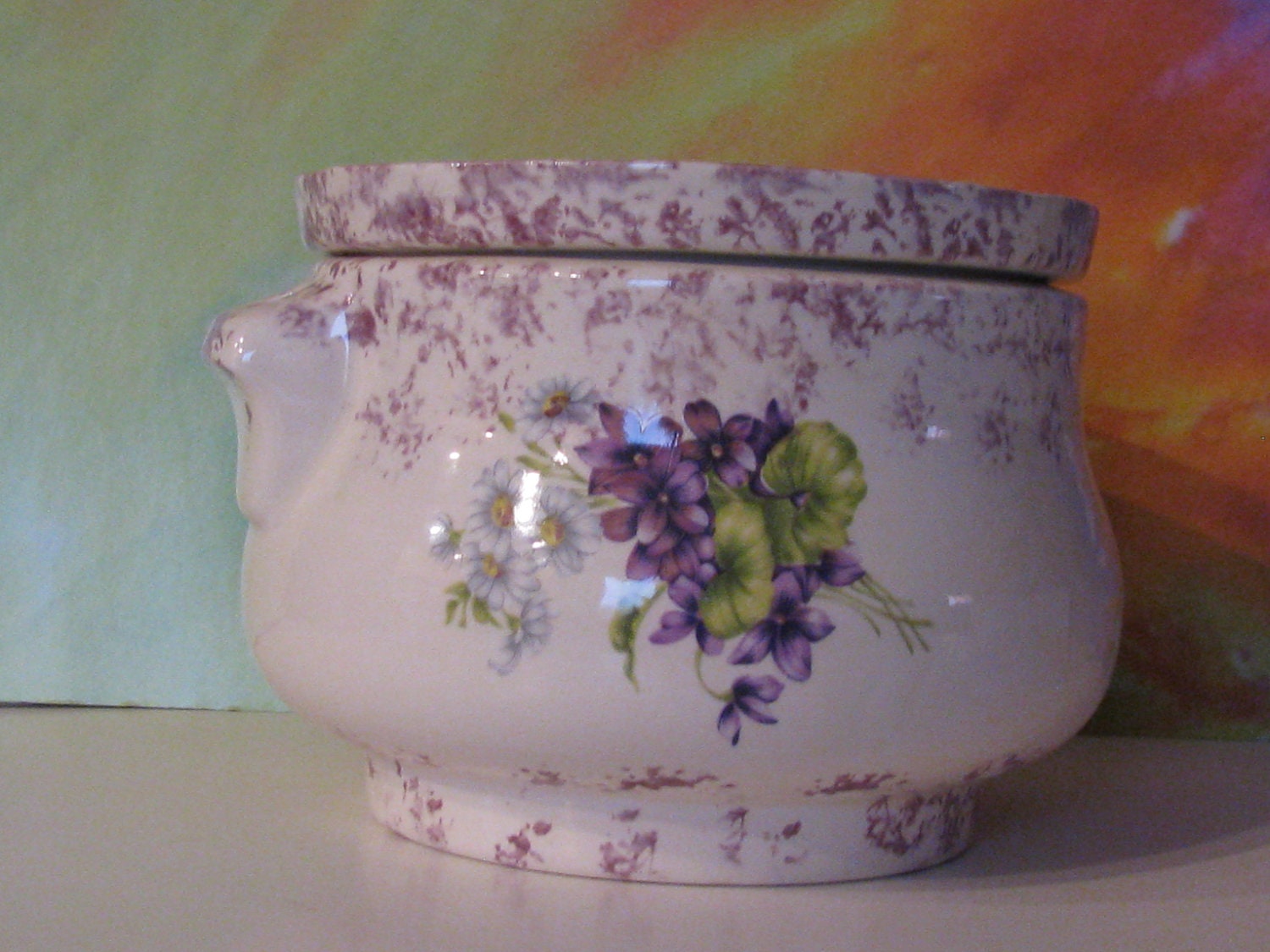 Large white with purple accent purple violets white daisies African Violet planter, pot
