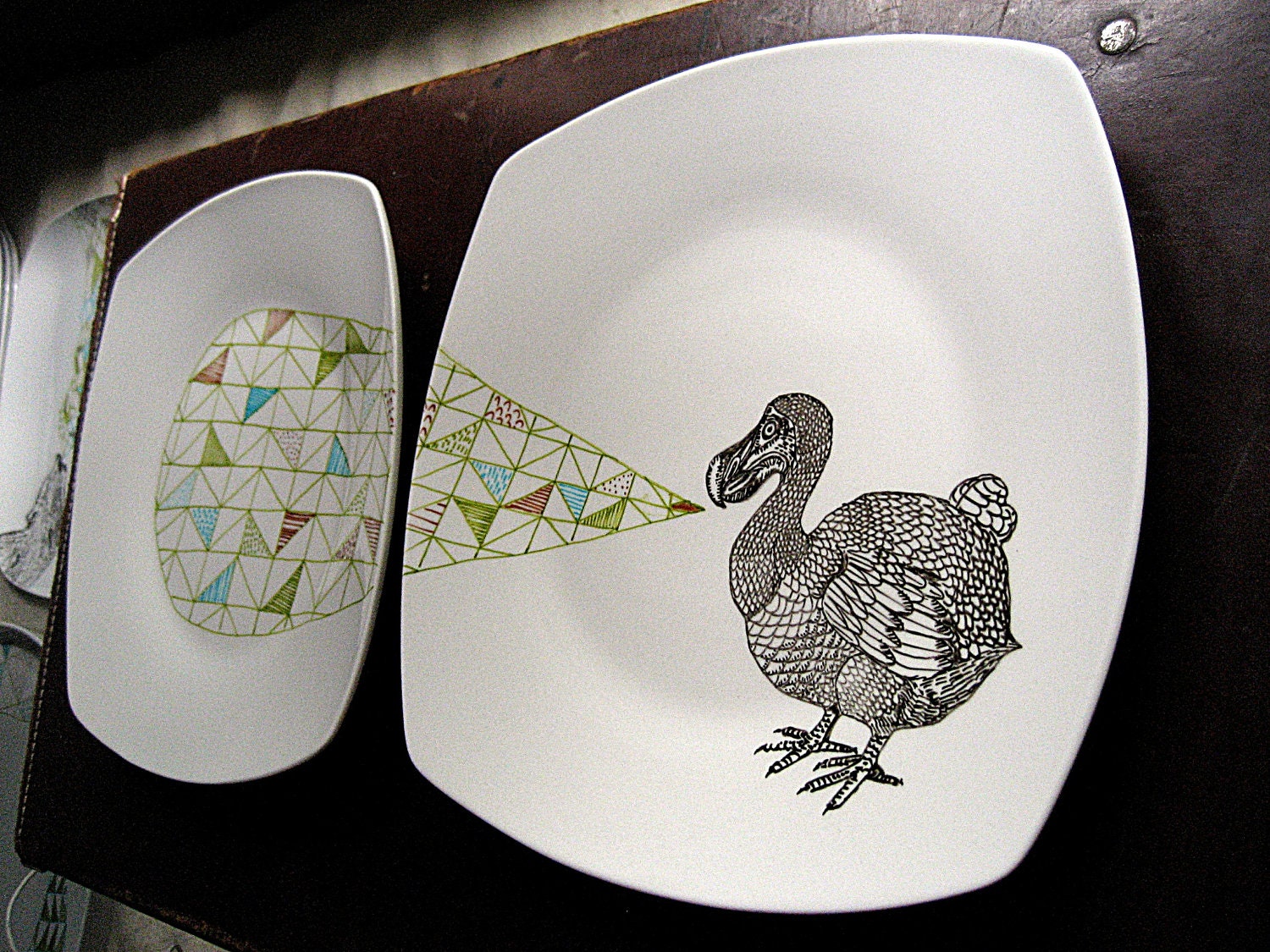 DODO Geometric Design Plates hand illustrated porcelain Set of two