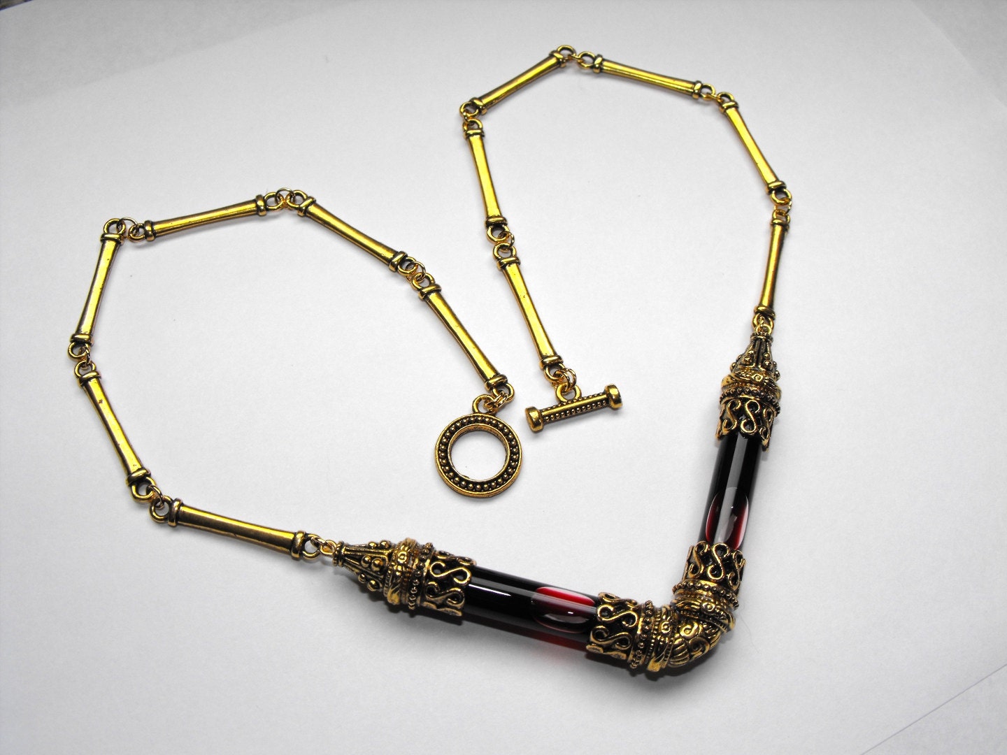 Steampunk Glass Blood Tube Necklace by Amanda Olivo "V for Victory" Antiqued brass tone Victorian Pendant