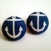 Navy blue and white anchor sailor button earrings