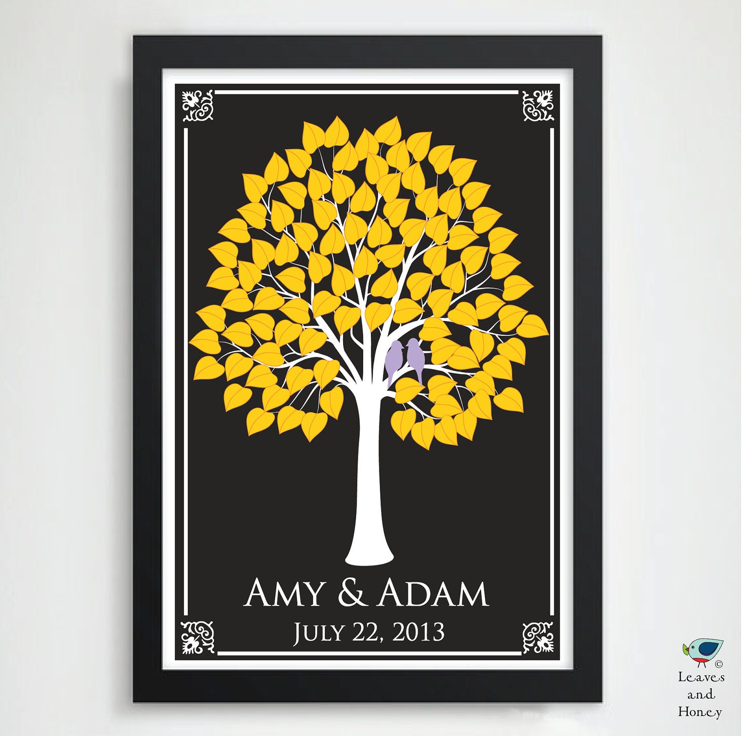 Love Bird Wedding Tree Guest Book Signature Leaves // Wedding Love Tree// HeartLeaf V // Custom Personalized Poster- 20x30-100 Guest