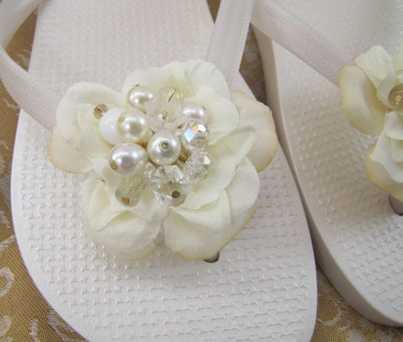 Bridal Flip Flops- Ivory Pearl metallic- Jewelry embellished- Made to ...