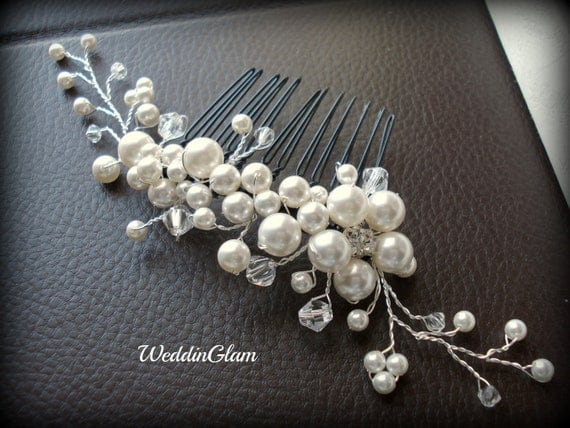 Bridal Hair Comb, Wedding Hair Accessories, Swarovski pearls crystals, Rhinestones, Hand-wired, Ivory Elegant Headpiece, White flower comb