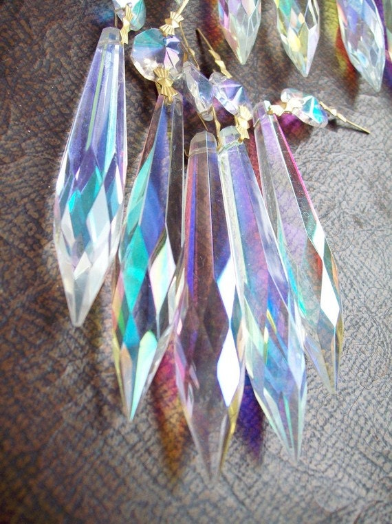 20 Chandelier Crystals Iridescent Icicle Drop Crystal Prism Ornaments Shabby Cottage Chic Udrop Rainbow Crystals